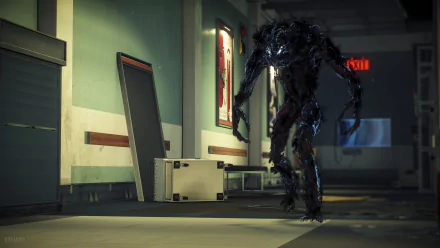 Prey (Video Game) 4K Ultra HD PC desktop wallpaper — a dark, glistening Typhon creature stalking a deserted hospital corridor under a glowing red exit sign.