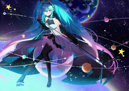 Vibrant 2K Quad HD PC desktop wallpaper of Hatsune Miku (Vocaloid) in anime style, floating in a starry, pastel-hued cosmic scene with glowing ribbons, planets and musical motifs.