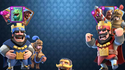 HD PC desktop wallpaper featuring characters from the video game Clash Royale against a blue patterned background.