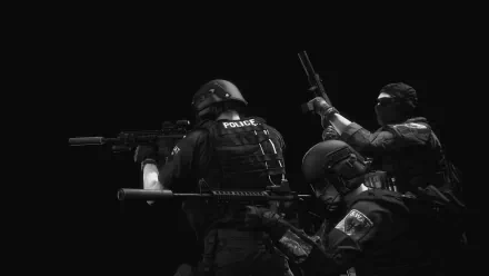 High-definition desktop wallpaper featuring characters from the video game Ready or Not, showcasing tactical police operatives in a dramatic black and white setting.