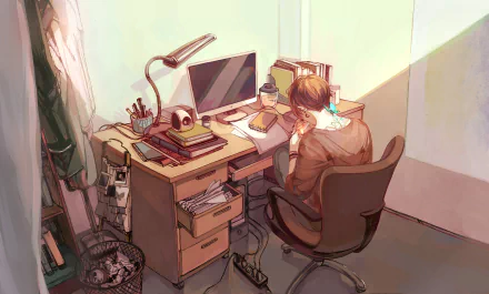 HD anime-style desktop wallpaper featuring a bedroom with a computer desk, a young person seated and writing, bathed in warm natural light.