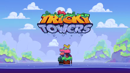 HD desktop wallpaper of Tricky Towers game with colorful logo and whimsical block structures against a cartoon-style landscape backdrop.
