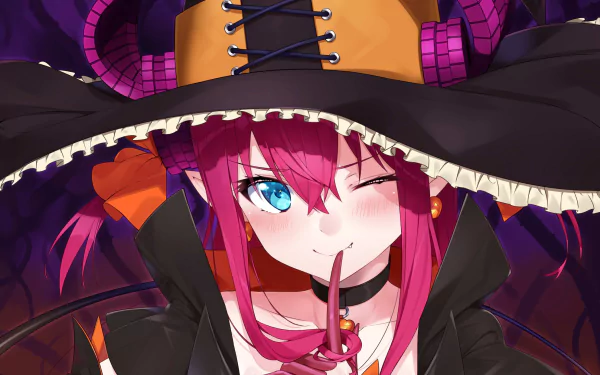 HD anime Halloween desktop wallpaper featuring Elizabeth Bathory from Fate/Grand Order in a witch costume with vibrant colors and a playful wink.
