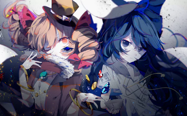 HD PC desktop wallpaper featuring Shion Yorigami and Joon Yorigami from the anime Touhou, showcasing detailed character art with vibrant colors and dynamic composition.