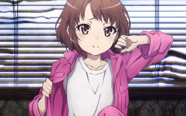 HD wallpaper featuring Karen Kohiruimaki, also known as LLENN from Sword Art Online Alternative: Gun Gale Online. The anime character is seen in front of a window with blinds, donned in a casual pink outfit.