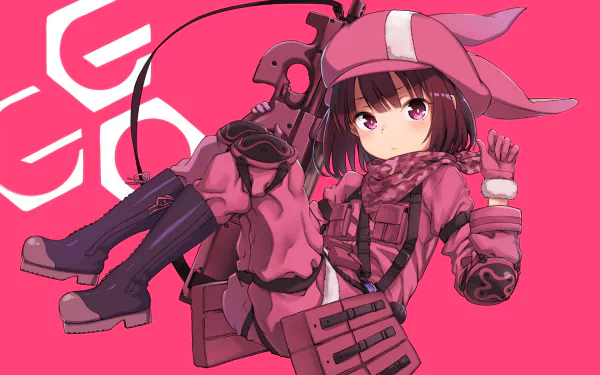 HD desktop wallpaper of LLENN from Sword Art Online Alternative: Gun Gale Online, also known as Karen Kohiruimaki. The anime character is depicted in her iconic pink gear against a vibrant background.