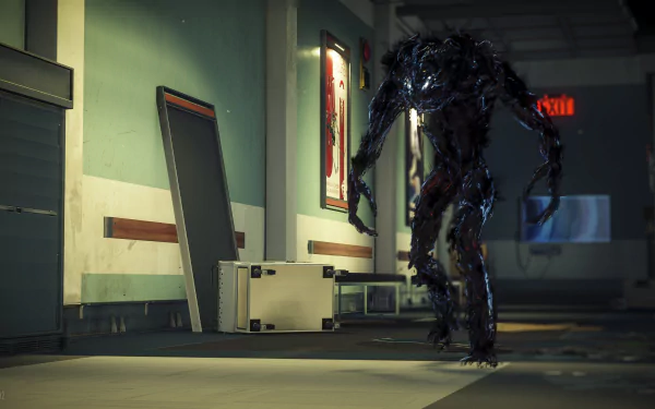 Prey (Video Game) 4K Ultra HD PC desktop wallpaper — a dark, glistening Typhon creature stalking a deserted hospital corridor under a glowing red exit sign.