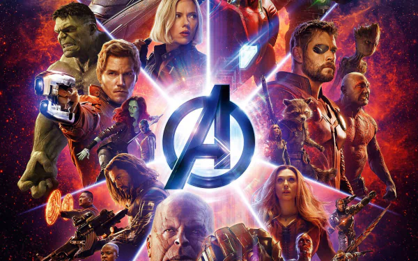 HD desktop wallpaper featuring characters from the movie Avengers: Infinity War in a vibrant and dynamic composition with the iconic Avengers logo in the center.