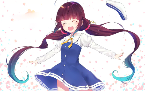 Anime HD desktop wallpaper featuring Ai Hinatsuru from Ryuuou no Oshigoto! with long flowing hair and a joyful expression against a soft pastel background.