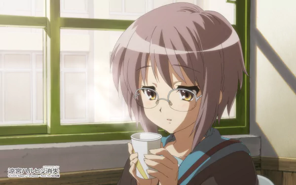 Anime HD PC desktop wallpaper/background: Yuki Nagato from The Melancholy of Haruhi Suzumiya, wearing glasses and a school uniform, quietly holding a mug by a sunlit classroom window.