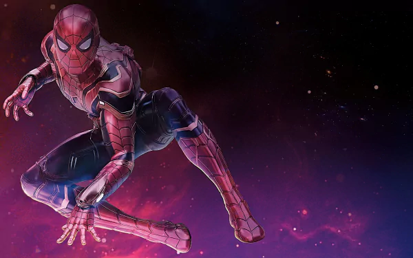 HD desktop wallpaper featuring Spider-Man, portrayed by Peter Parker, in a dynamic pose from the movie Avengers: Infinity War against a cosmic background.