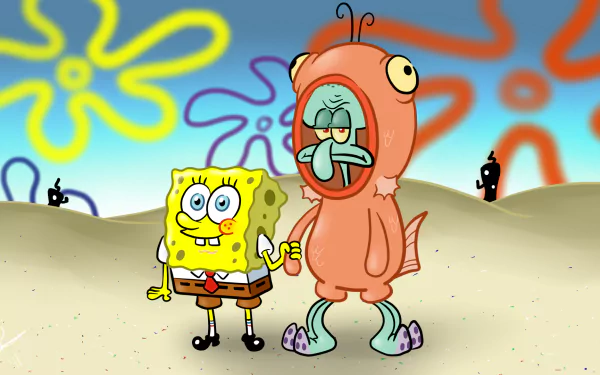 HD PC desktop wallpaper of SpongeBob SquarePants smiling beside Squidward Tentacles in a pink fish costume on Bikini Bottom's sandy seafloor with colorful flower-shaped clouds