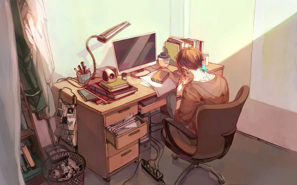 HD anime-style desktop wallpaper featuring a bedroom with a computer desk, a young person seated and writing, bathed in warm natural light.