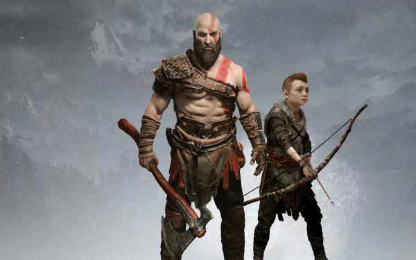 High-definition desktop wallpaper featuring Kratos and his son from the video game God of War (2018), set against a misty mountainous background.