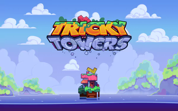 HD desktop wallpaper of Tricky Towers game with colorful logo and whimsical block structures against a cartoon-style landscape backdrop.