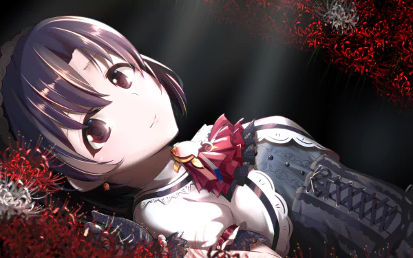 Hotaru Shiragiku (The iDOLM@STER Cinderella Girls) anime portrait reclining amid red spider lilies — 2K Quad HD PC desktop wallpaper/background