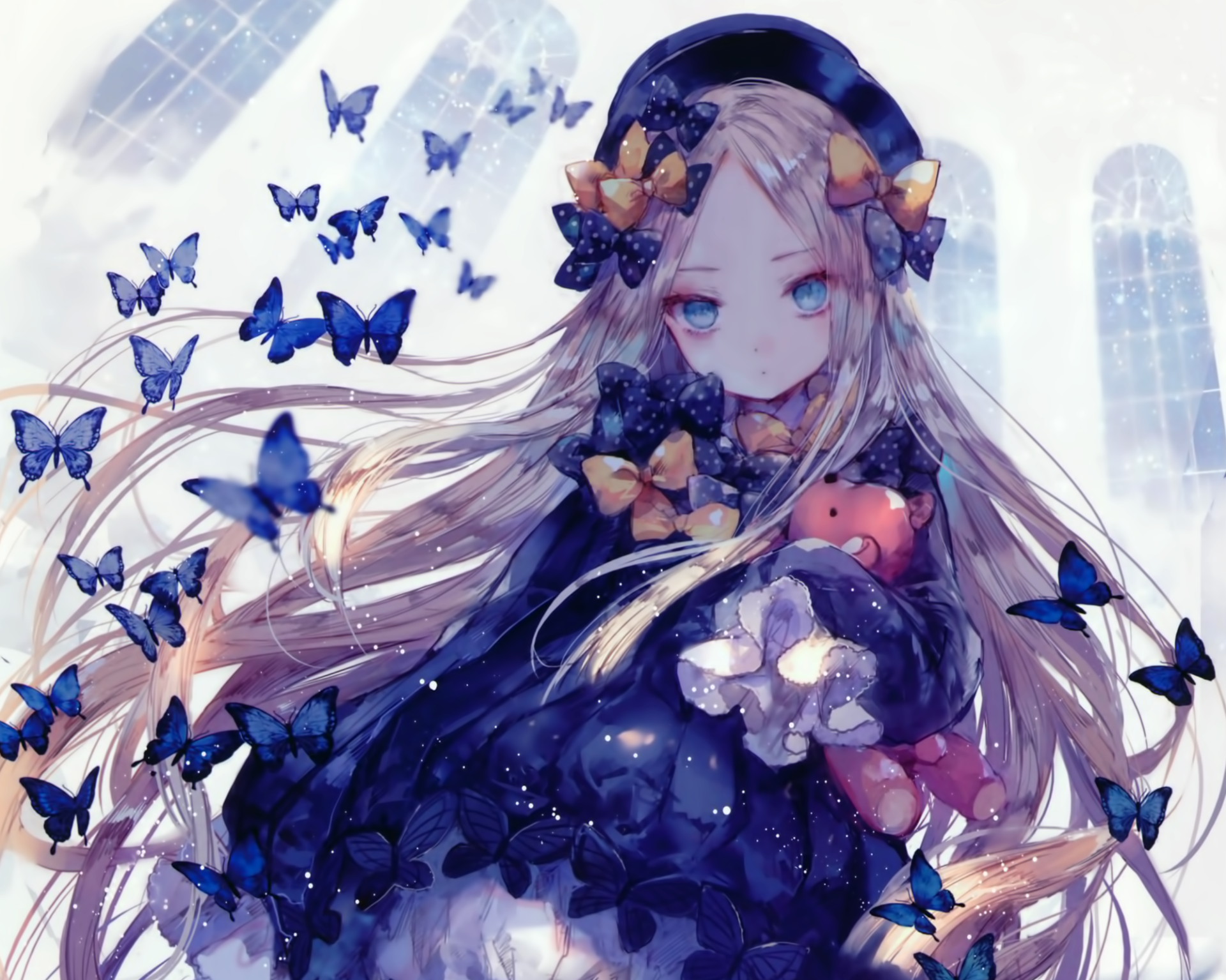 HD PC desktop wallpaper featuring Abigail Williams from Fate/Grand Order surrounded by blue and orange butterflies in an anime-style artwork.