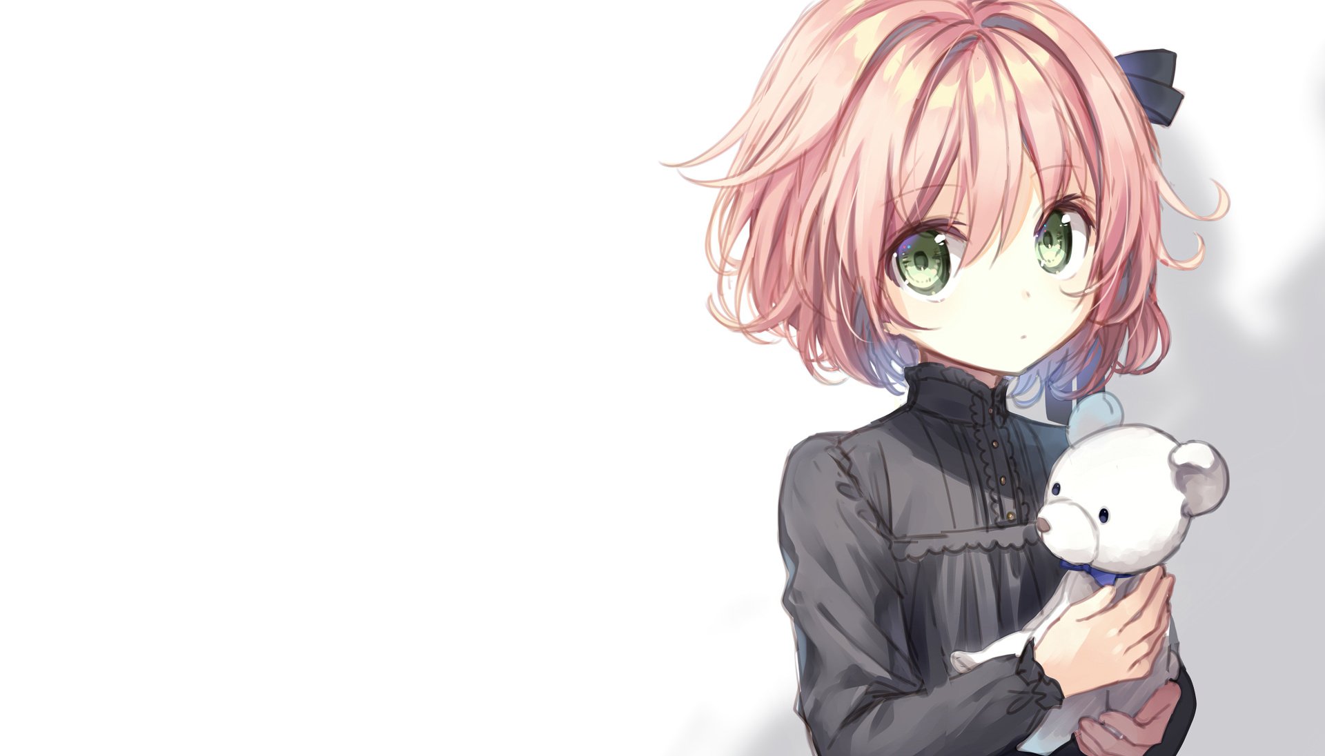 Anime original: short brown-haired girl with green eyes and a bow, in a black dress holding a teddy bear — 2K Quad HD PC desktop wallpaper/background.