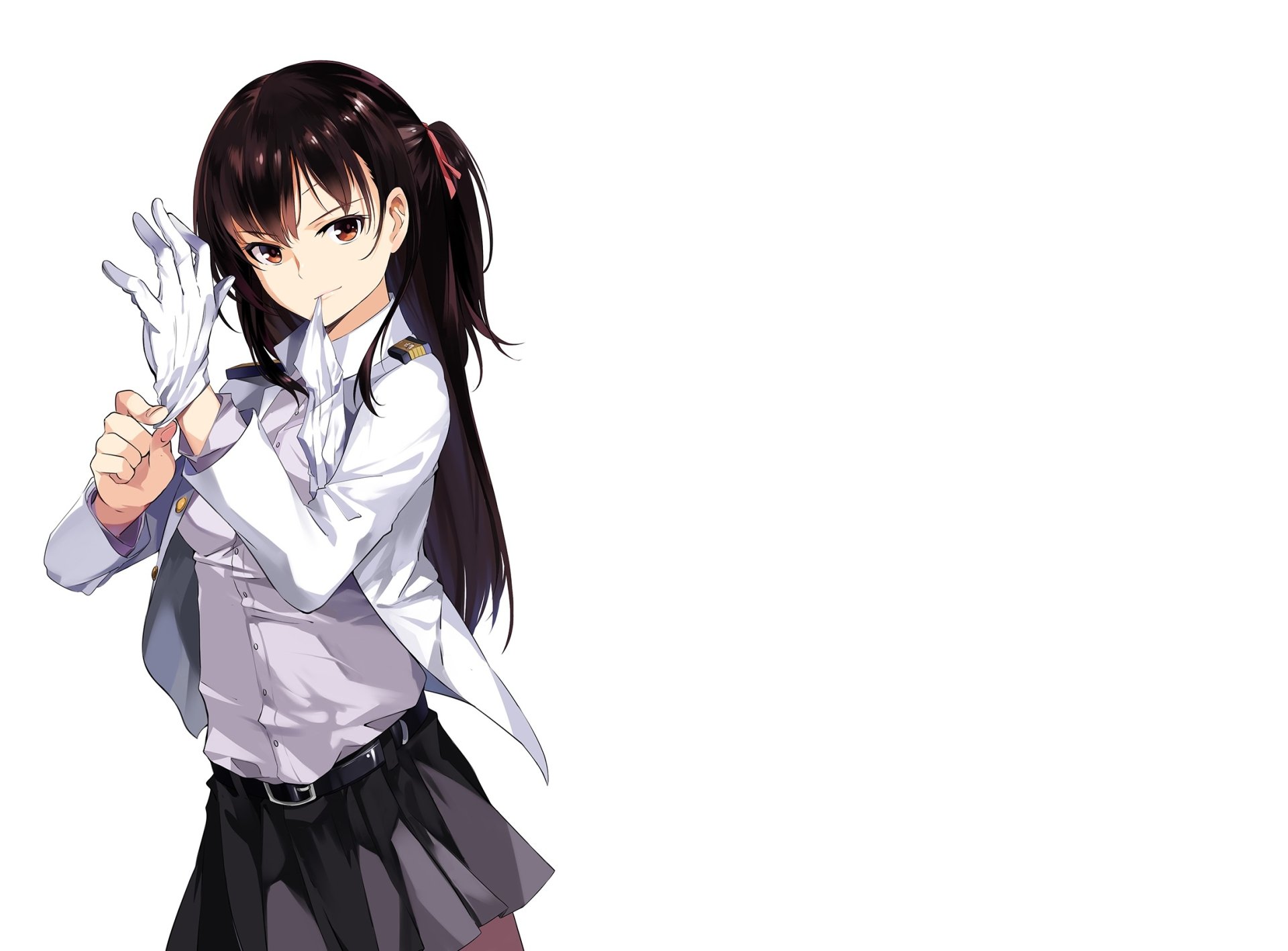 Anime-style Admiral from Kantai Collection with long brown hair, brown eyes, wearing a white shirt, black skirt, belt, and gloves, smiling confidently in HD desktop wallpaper.