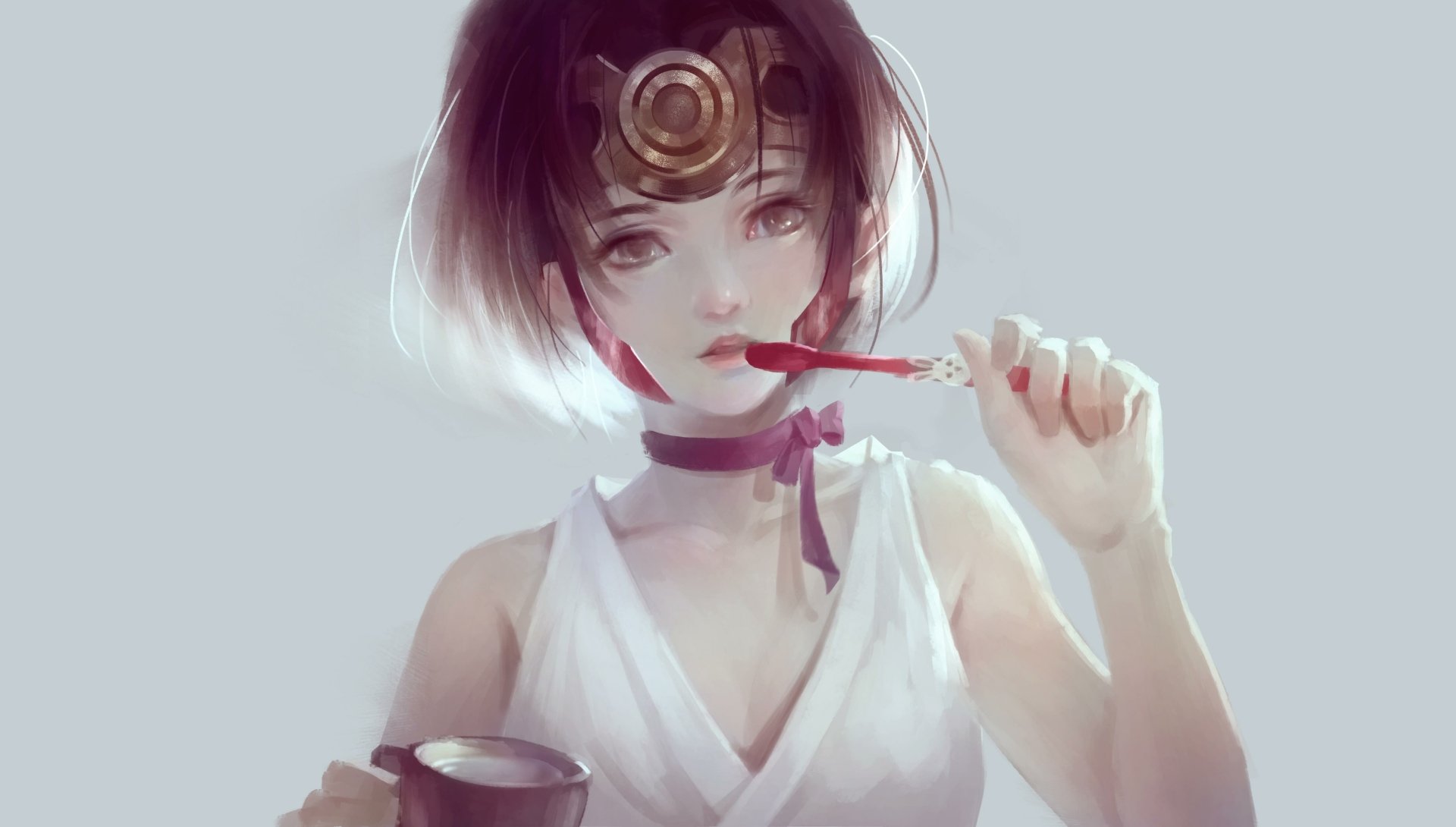 Mumei from Kabaneri of the Iron Fortress, anime-style portrait with short dark hair and a headpiece, holding a snack and cup, 4K Ultra HD PC desktop wallpaper/background.