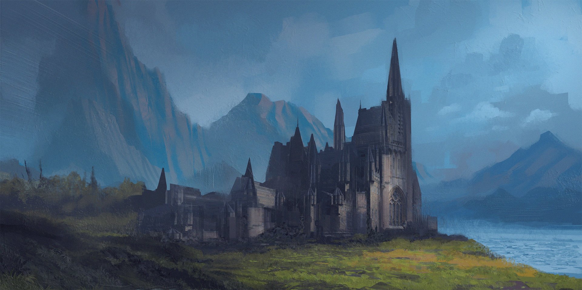 HD PC desktop wallpaper depicting a fantasy castle set against misty mountains and a cloudy sky, blending gothic architecture with a mysterious, atmospheric landscape.