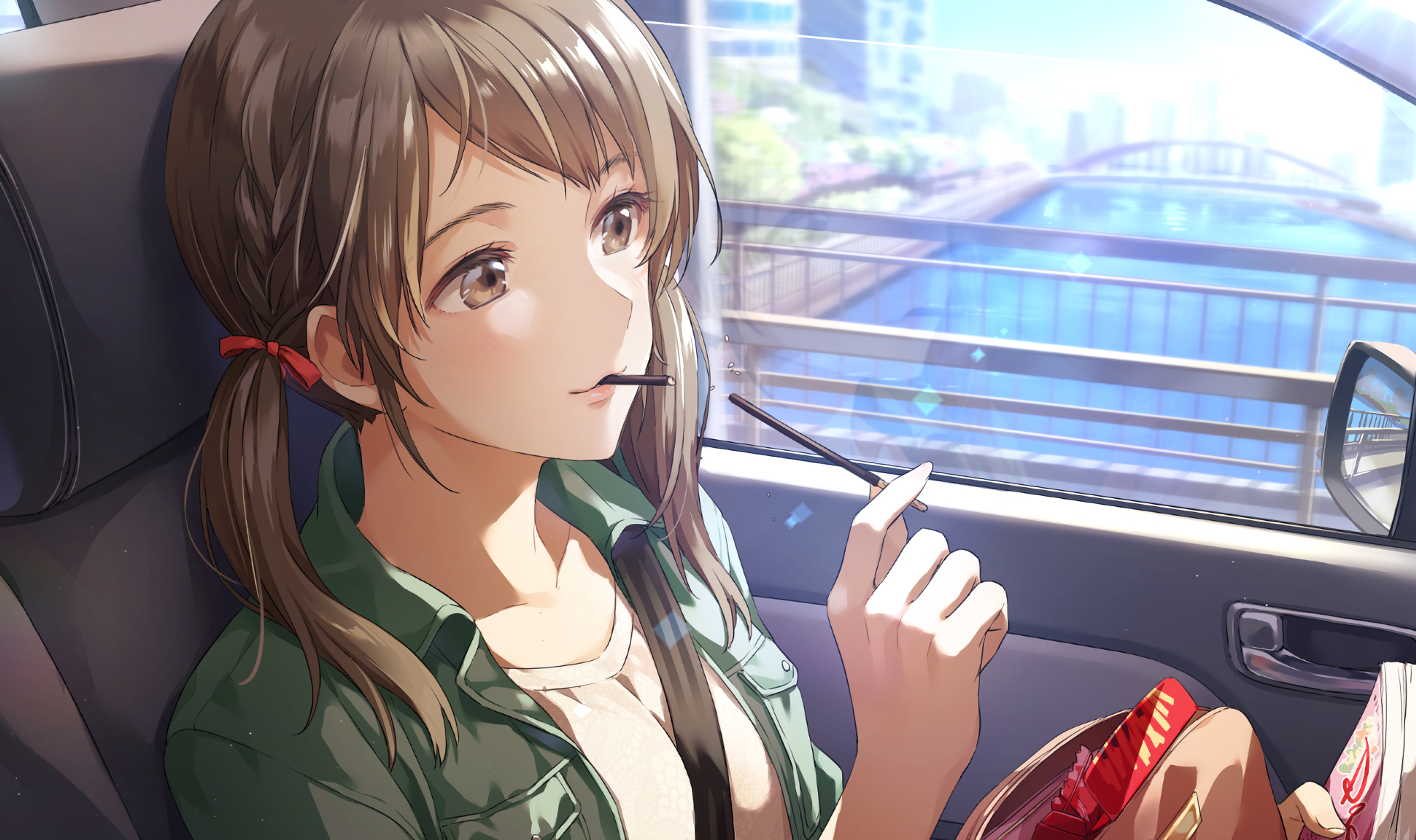 Anime-style original HD desktop wallpaper featuring a girl with brown hair and pigtails, sitting in a car, enjoying a snack with a cityscape and river in the background.