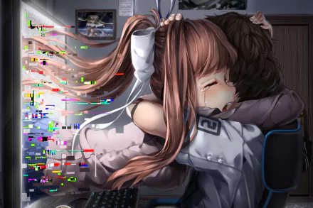 A high-definition desktop wallpaper featuring Monika from Doki Doki Literature Club! with long brown twintails, crying and hugging a character in a digitally glitched background.