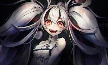 HD anime desktop wallpaper featuring a character from Kantai Collection with striking red eyes and long white twin tails against a dark background.