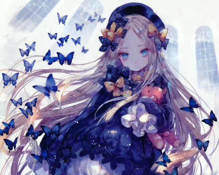 HD PC desktop wallpaper featuring Abigail Williams from Fate/Grand Order surrounded by blue and orange butterflies in an anime-style artwork.