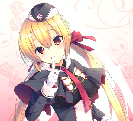 Anime original character with long blonde twintails braided, yellow eyes, wearing a hat, gloves, a bow tie, and a black and red outfit, smiling softly.