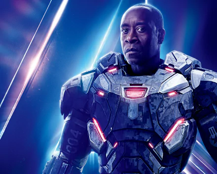 HD desktop wallpaper featuring Don Cheadle as War Machine from the movie Avengers: Infinity War, with a dramatic background and vibrant lighting effects.
