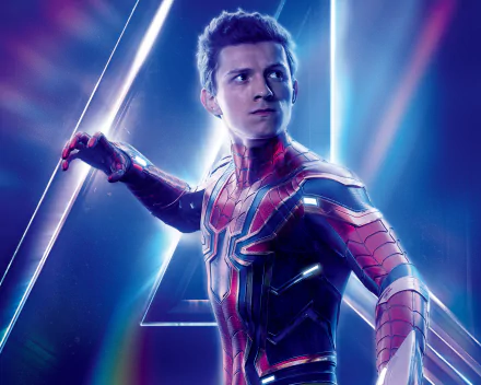 HD desktop wallpaper featuring Tom Holland as Peter Parker/Spider-Man in Avengers: Infinity War, with a glowing A in the background.
