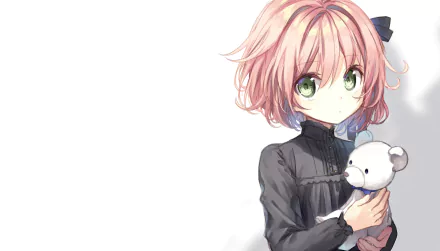 Anime original: short brown-haired girl with green eyes and a bow, in a black dress holding a teddy bear — 2K Quad HD PC desktop wallpaper/background.