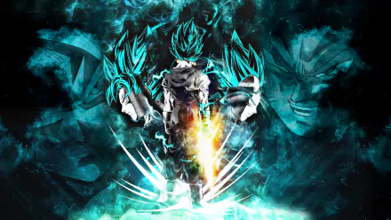 HD desktop wallpaper featuring Goku and Vegeta from Dragon Ball Super with vivid blue aura effects surrounding their Super Saiyan forms in a dynamic, action-packed scene.