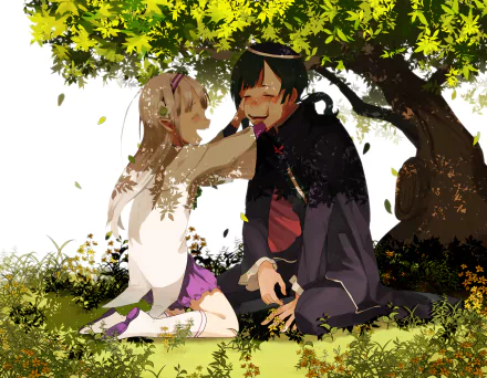 HD PC desktop wallpaper featuring Petelgeuse Romanée-Conti and Emilia from the anime Re:Zero - Starting Life in Another World, sitting together under a tree.