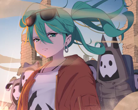 HD anime-style desktop wallpaper featuring Hatsune Miku from Vocaloid in a Sand Planet theme, with her signature teal hair and a desert backdrop.