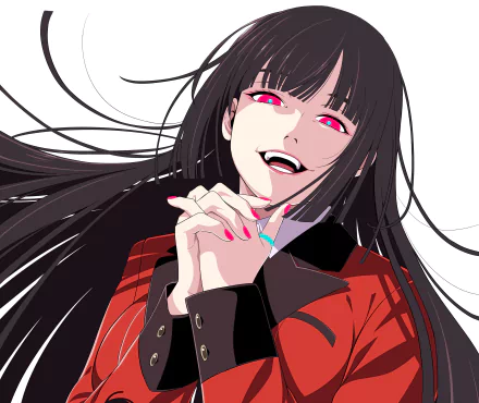HD desktop wallpaper of Yumeko Jabami from the anime Kakegurui, featuring Yumeko with a confident smile, bright red eyes, and long flowing black hair.
