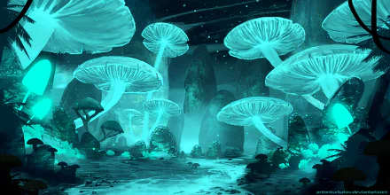 A glowing fantasy landscape featuring oversized bioluminescent mushrooms in a mystical nature setting, rendered as an HD PC desktop wallpaper and background.