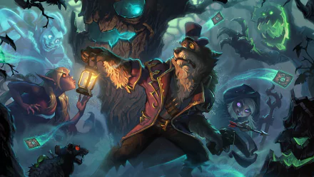 HD PC desktop wallpaper featuring a dynamic, eerie scene from the video game Hearthstone: Heroes of Warcraft with a werewolf character and spectral figures.