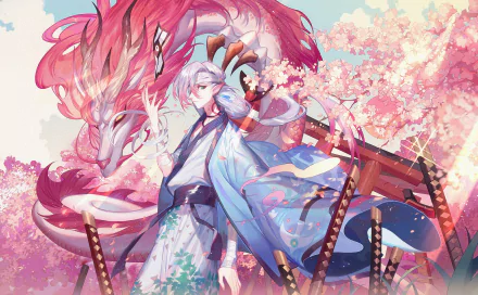 HD desktop wallpaper of Ren Ichimoku from Onmyoji, amidst blooming cherry blossoms and a large mythical red creature. The vibrant colors and intricate design create a captivating anime background.