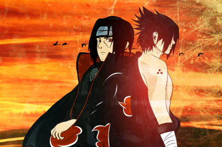 HD PC desktop wallpaper featuring Sasuke Uchiha and Itachi Uchiha from the anime Naruto, set against a fiery orange background with birds flying in the distance.