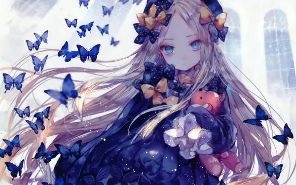 HD PC desktop wallpaper featuring Abigail Williams from Fate/Grand Order surrounded by blue and orange butterflies in an anime-style artwork.