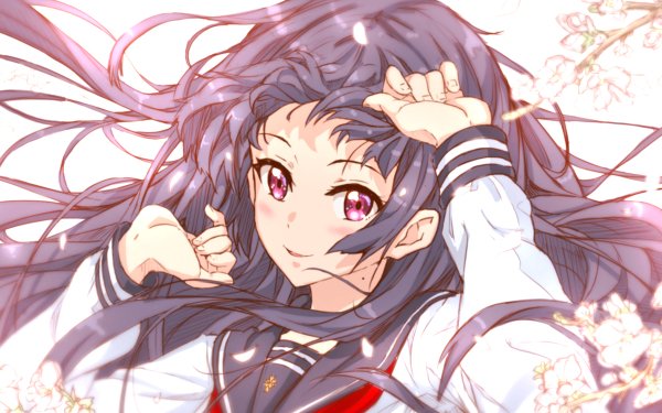 Anime Original Long Hair Black Hair Cherry Blossom Smile Pink Eyes Blush HD Wallpaper | Background Image