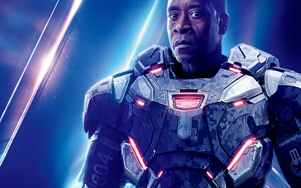 HD desktop wallpaper featuring Don Cheadle as War Machine from the movie Avengers: Infinity War, with a dramatic background and vibrant lighting effects.