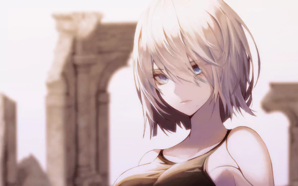 HD wallpaper and background featuring YoRHa Type A No.2 from the video game NieR: Automata. The character stands in front of a backdrop of ancient ruins with a focused expression.