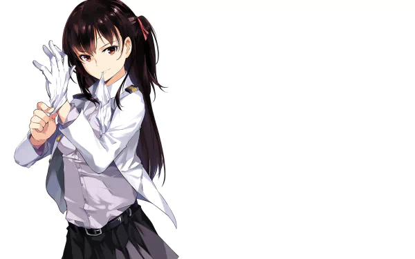 Anime-style Admiral from Kantai Collection with long brown hair, brown eyes, wearing a white shirt, black skirt, belt, and gloves, smiling confidently in HD desktop wallpaper.