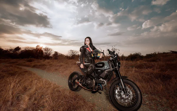 leather jacket brunette vehicle motorcycle model woman Girls & Motorcycles HD Desktop Wallpaper | Background Image