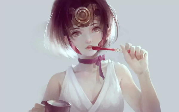 Mumei from Kabaneri of the Iron Fortress, anime-style portrait with short dark hair and a headpiece, holding a snack and cup, 4K Ultra HD PC desktop wallpaper/background.