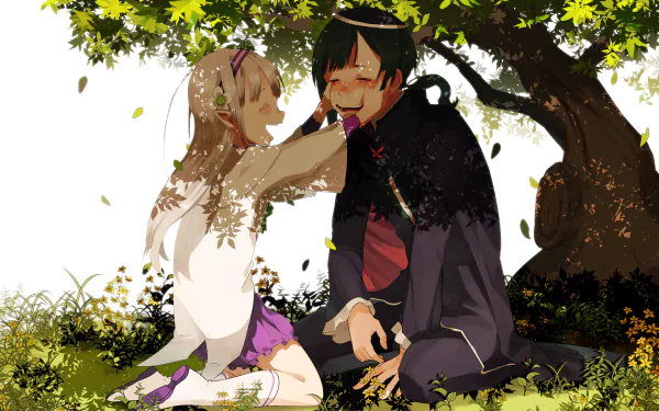 HD PC desktop wallpaper featuring Petelgeuse Romanée-Conti and Emilia from the anime Re:Zero - Starting Life in Another World, sitting together under a tree.