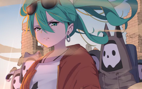 HD anime-style desktop wallpaper featuring Hatsune Miku from Vocaloid in a Sand Planet theme, with her signature teal hair and a desert backdrop.
